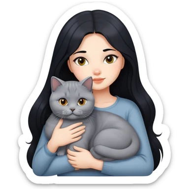 A beautiful girl with long black hair hugs a British Shorthair sticker