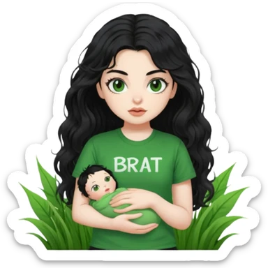 current charli xcx with here long black wavy hair, thich black sungrasses, pale skin, and a green baby tee that said brat in the brat font. sticker