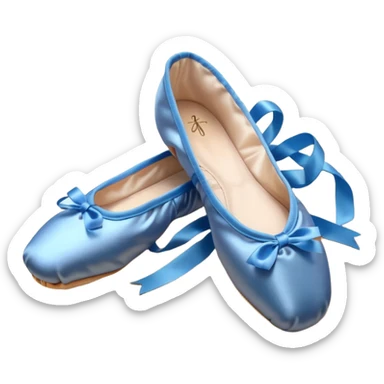 cinematic-realistic-ballet-shoes,-soft-satin-blue-pointe-shoes-with-delicate-ribbons,-resting-gently-on-a-polished-wooden-floor,-subtle-creases-in-the-fabric,-glowing-under-the-warm-golden-light-of-a-rehearsal-studio,-evoking-ele sticker