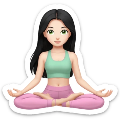 Girl with super long black hair with light green eyes doing yoga with light pink clothes sticker