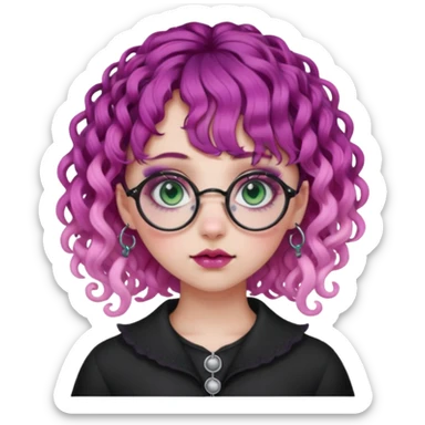. Gothic girl with pink to violet ombré ringlet curly hair, bangs round glasses, septum piercing, nostril piercing, almond eyes, blueish green eyes,heavy eyeliner,  sticker