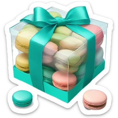 Realistic transparent plastic box with a tiffany blue ribbon and bow around the box and pastel macarons inside of it. sticker