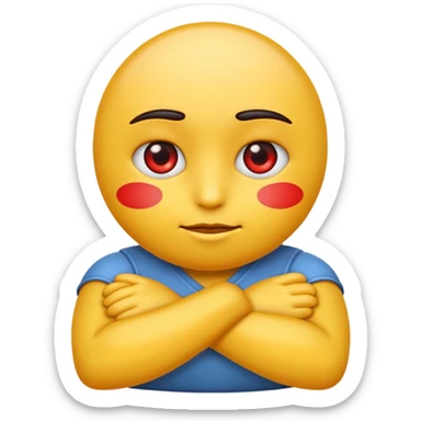 crate a yello emoji crossing its arms with red eyes looking to the side and stright lips sticker