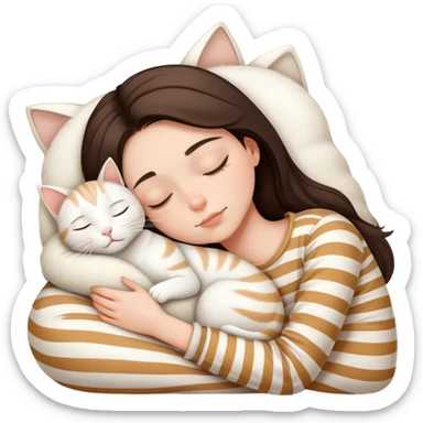Brunette teenage girl sleeping with white cat with beige stripes sticker