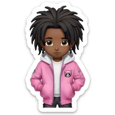 a black chibi character with medium length black dreadlocks, no beads or accessories in his hair. He wears a pink bomber jacket over a white hoodie. Its large, expressive eyes and detailed design give it a style that is both modern and endearing. The whole is designed with careful rendering and harmonious colors, highlighting its unique appearance. sticker
