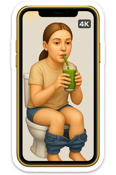 emoji stile iphone di una donna seduta sul wc che beve uno smoothies verde, iperrealistico 4k sticker