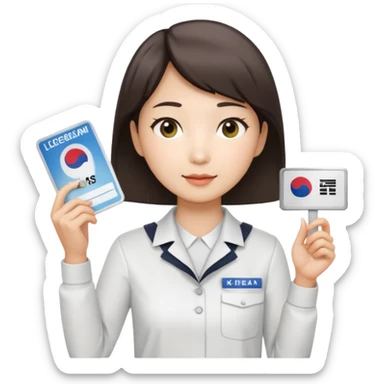 A Korean short-haired female tour guide is wearing a white shirt, holding her Korean tour guide license in her left hand, which is a horizontal card. sticker