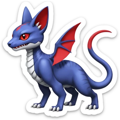 midnight blue-gray-black, with red markings, white belly, scaley Bastet-Noibat-Gatomon-Garchomp-Digimon-Fakémon-Pokémon-creature (full body) sticker