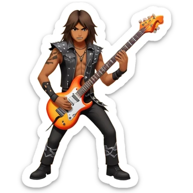 An icon showing a rock musician holding an electric guitar, surrounded by vibrant musical notes and fiery stage effects, inspired by Brutal Legend. The design includes a powerful stage presence with dynamic energy and electric riffs in the background. Transparent background highlights the music and action. sticker