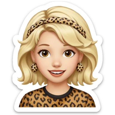 Une fille blonde et joyeuse. Elle porte une coiffure rock et originale avec 3 pinces pour cheveux  léopard et motif peau de vache. sticker