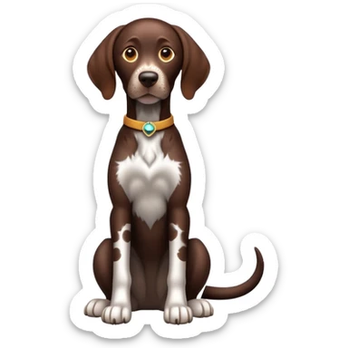 cinematic-[german pointer]-realistic-full-body-sitting-emoji,-tail-resting-loosely-beside-its-paws,-head-tilted-dramatically,-sleek-[brown spotted]-fur,-simplified-yet-realistic-focused-features,-highly-detailed,-glowing-with-an-almost-sarcastic-glow sticker