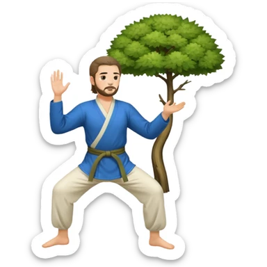 pratiquant de qi gong, homme aux cheveux long, en position de l'arbre, en tenue noire ou blanche. L'image ne contiendra pas d'arbre sticker