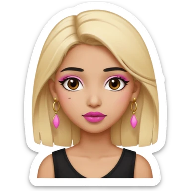 Sweet Indian girl blond hair black eyes brown/pink lipstick pink blush black top gold earrings brown eyebrows  sticker