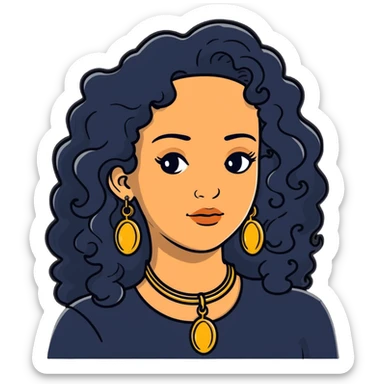 attractive Greek woman with long curly hair and light skin wearing gold hoop earrings and a gold necklace sticker