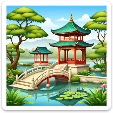 Oriental palace garden with pavilion and pond sticker