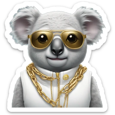 koala wearing a white puffer vest and sun glasses and a gold chain sticker