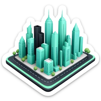 Urbanisme & Aménagement (Urban Planning), 3D techy icon with black and mint green (#B5F4D3) color scheme, city skyline with blueprint sticker