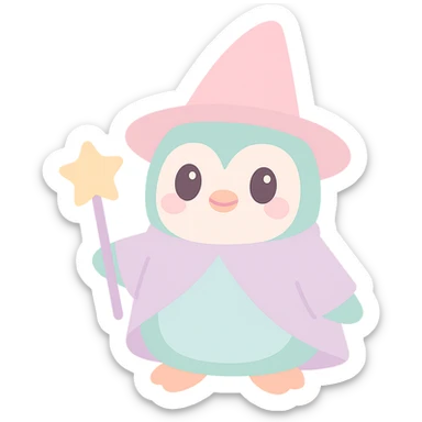 a penguin dressed as a wizard, with a pointy hat and a magic staff, cute and whimsical style sticker