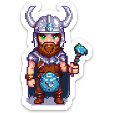 viking gamer, pixel art style, horned helmet, holding a joystick, retro vibe sticker