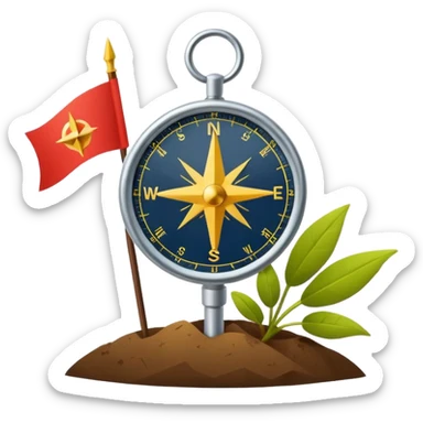 A minimal emoji of a compass pointing toward a planted flag. Flat design, confident colors, modern emoji style. Represents choosing direction and seeing it through to completion. Avoid corporate or motivational poster aesthetics. sticker