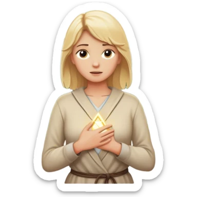 back of a blonde woman in front of a 2 crossroads paths ..places a hand on their chest, the light path, their decision to respond instead of react with peace. light trail on mountains.. rock mountain sticker