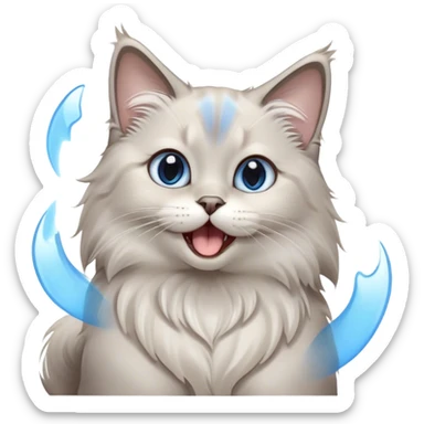 Cinematic Adorable Fluffy Light Grey Mantle Ragdoll Cat Portrait Emoji, Head tilted cutely with big, sparkling blue eyes, soft light grey fur with darker points on the ears, face, and paws, Simplified yet irresistibly adorable features, highly detailed, glowing with a soft, warm glow, high shine, yawning in a peaceful and playful manner, stylized with a touch of whimsy, bright and endearing, soft glowing outline, capturing the essence of a relaxed and loving kitten, so cute it feels like it could leap out of the screen and stretch into a cozy nap! sticker