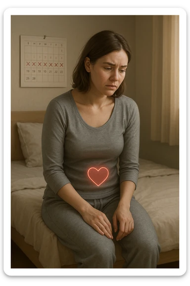 3D realistic medical illustration: a young woman in her 20s or 30s sits on the edge of a bed in a softly lit bedroom, looking thoughtful and slightly concerned. She wears comfortable loungewear, her posture is slouched, and her expression is subdued. Subtle visual cues—such as a faded calendar with missed menstrual cycles and a dimmed heart or energy icon near her abdomen—symbolize low libido and amenorrhea. The scene is realistic, intimate, and empathetic. sticker