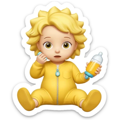 A 3D cartoon baby character entirely yellow, styled like Maggie Simpson, with pacifier, yellow onesie, big eyes, smooth shading, Memoji-style rendering, consistent with other yellow Simpsons characters, yellow skin tone. sticker