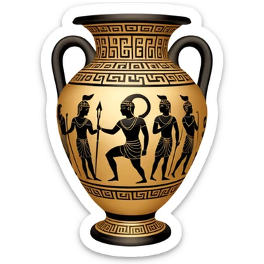 Cinematic-realistic Grecian urn, an exquisite black-figure pottery masterpiece resting in the dim glow of an ancient temple. Intricate golden depictions of gods and warriors encircle its curved form, telling timeless myths of heroism and tragedy. The polished ceramic surface reflects flickering torchlight, while faint wisps of dust drift in the air, whispering echoes of a long-lost civilization. sticker