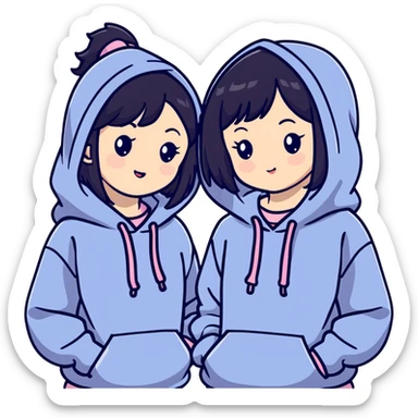 Two adorable Japanese girls with black hair wearing casual Western clothing like hoodies or blouses, their cheeks touching, kawaii style sticker