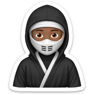 All white ninja robe with white ski mask to cover face and neck with a hoodie on and dark brown skin color sticker