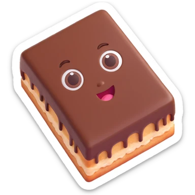 Rectangular chocolate mini pastry, slightly tilted, squished chocolate, crazy wide eyes, open mouth, text above: "ПАСТИЧКА", chibi style, Twitch emoji style, transparent background, colorful sticker