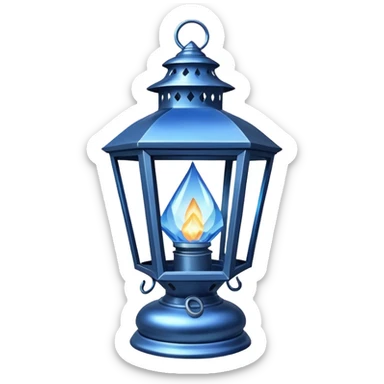 Silvery metallic shiny alloy magical will-o-wispy dark ominous floating glowing diamond-shaped old antique lantern lamp with a blue flame inside it  sticker