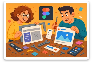 A creative workshop scene with two designers: one with curly hair, one with short dark hair. They are playfully focused, surrounded by scattered UI parts, Figma interface pieces, and repair tools, working together to turn legacy UI into a clean, beautiful design. sticker