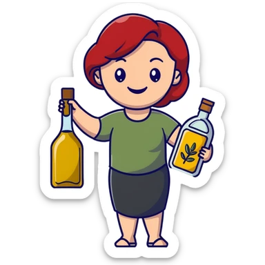 redhead woman with big smile holding olive oil bottle sticker
