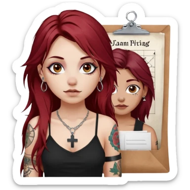 generate an ios genmoji of a fair girl with long dark red messy hair with eyeliner on her eyes.  septum piercing, wearing a cami black top, has tattoos, on shoulders. ear piercings. wearing a cross silver necklace. carrying a tote bag on her shoulders with chart paper peeking out. sticker