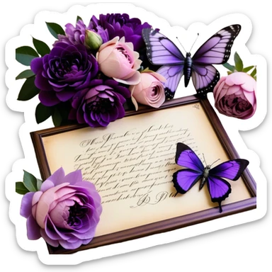 An antique love letter bundle, bound delicately with a purple silk ribbon, rests beside an arrangement of dried blush violet roses, lilac peonies, and soft purple dahlias, while a silver butterfly brooch adorned with pearls seems to pause, captivated by the deep violet inked calligraphy flowing across the aged parchment. sticker