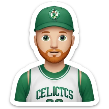 Bald white man with ginger beard and blue eyes in Jason Tatum jersey Boston Celtics jersey over tshirt with Boston Celtics basketball logo on cap sticker