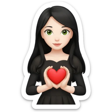 Pale girl with long black hair and olive green eyes soft smile wearing black dress and holding a heart sticker