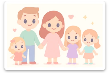 a warm illustration style family with dad, mom, and three daughters, all holding hands sticker