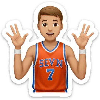 Maverick Trevillian in the crowd at an amateur basketball game. He leans towards the camera and enthusiastically shouts "six seven while performing a distinctive hand gesture: both hands open, palms facing upward, moving up and down as if weighing two options. sticker