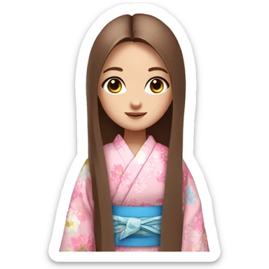 cute girl long brown straight hair and blue eyes in pink flower kimono sticker