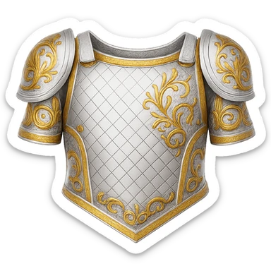 Recolor this armor to a very light metallic silver color with ornate gold engravings. Emphasize a bright, reflective silver finish and detailed gold engravings. Transparent background. sticker