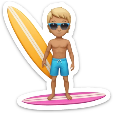 cute male surfer riding a wave, wearing shorts, sunglasses, holding balance, colorful surfboard, 3D cartoon, mobile game icon, clean background, no text sticker
