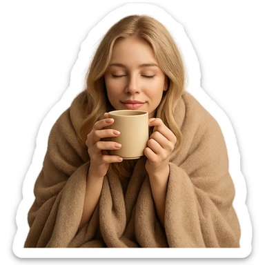 blonde girl wrapped in a blanket, sipping coffee with eyes closed, cozy and peaceful sticker