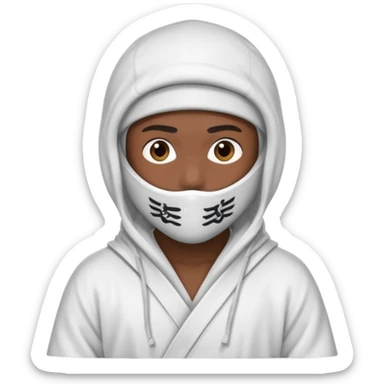 All white ninja robe with white ski mask to cover face and neck with a hoodie on and dark brown skin color sticker