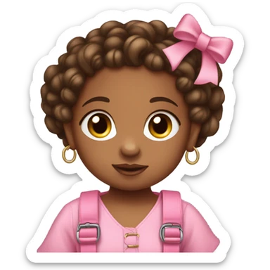 Brownskin baby with two curly pigtails and a pink jumpsuit with a Kurt Geiger purse sticker