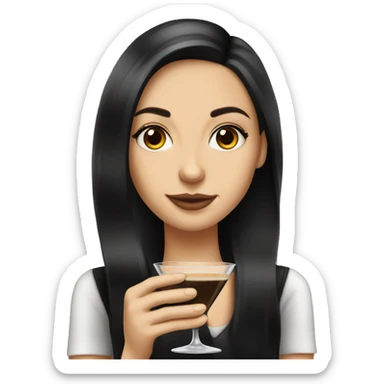 Caucasian girl with long black hair holding an espresso martini sticker