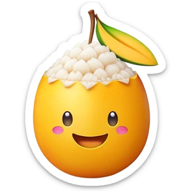 Cinematic Realistic Mango Sticky Rice Dessert Emoji, showcasing sweet sticky rice paired with ripe mango slices and coconut milk rendered with lifelike detail and warm, inviting lighting. sticker