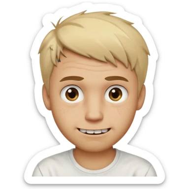 Male with short, messy blonde hair, large expressive golden-brown eyes, light brown skin, subtle facial bruises and scratches, crooked smile showing slightly damaged teeth, wearing a plain white t-shirt, friendly but creepy expression.
 sticker